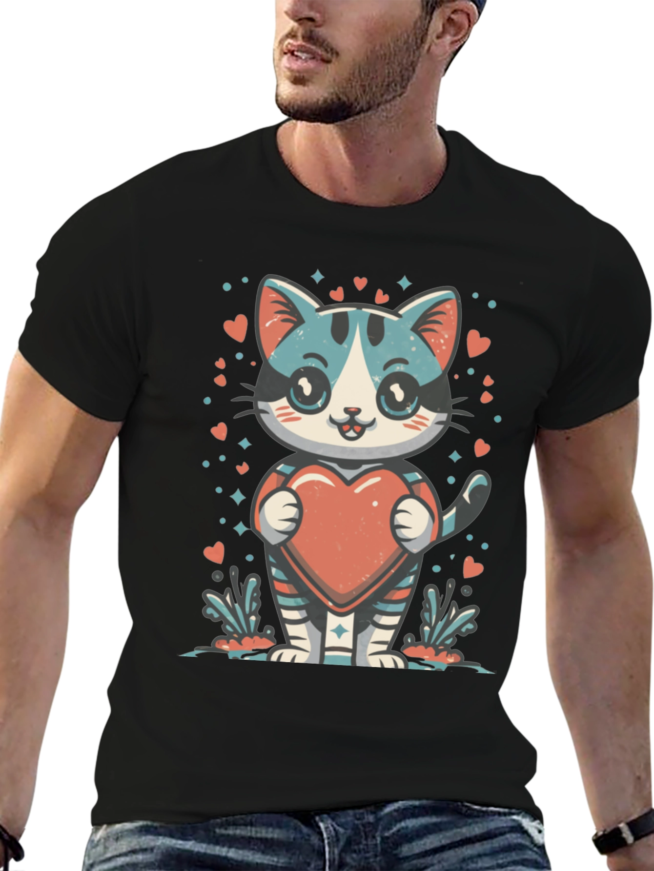 Cute Cartoon Cat with Heart Graphic Tee