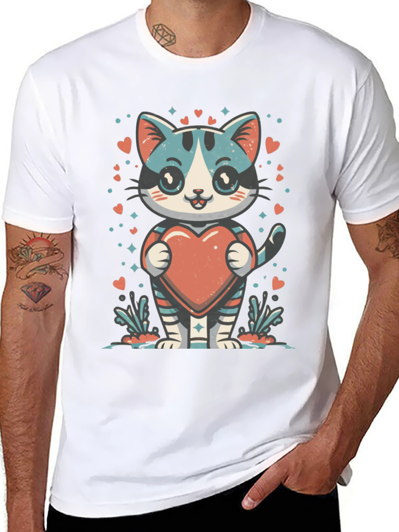 Cute Cartoon Cat with Heart Graphic Tee