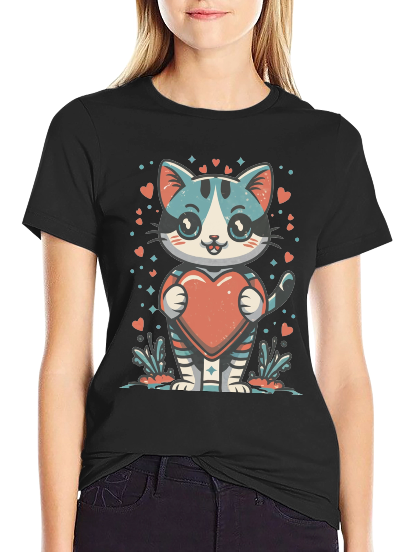 Cute Cartoon Cat with Heart Graphic Tee
