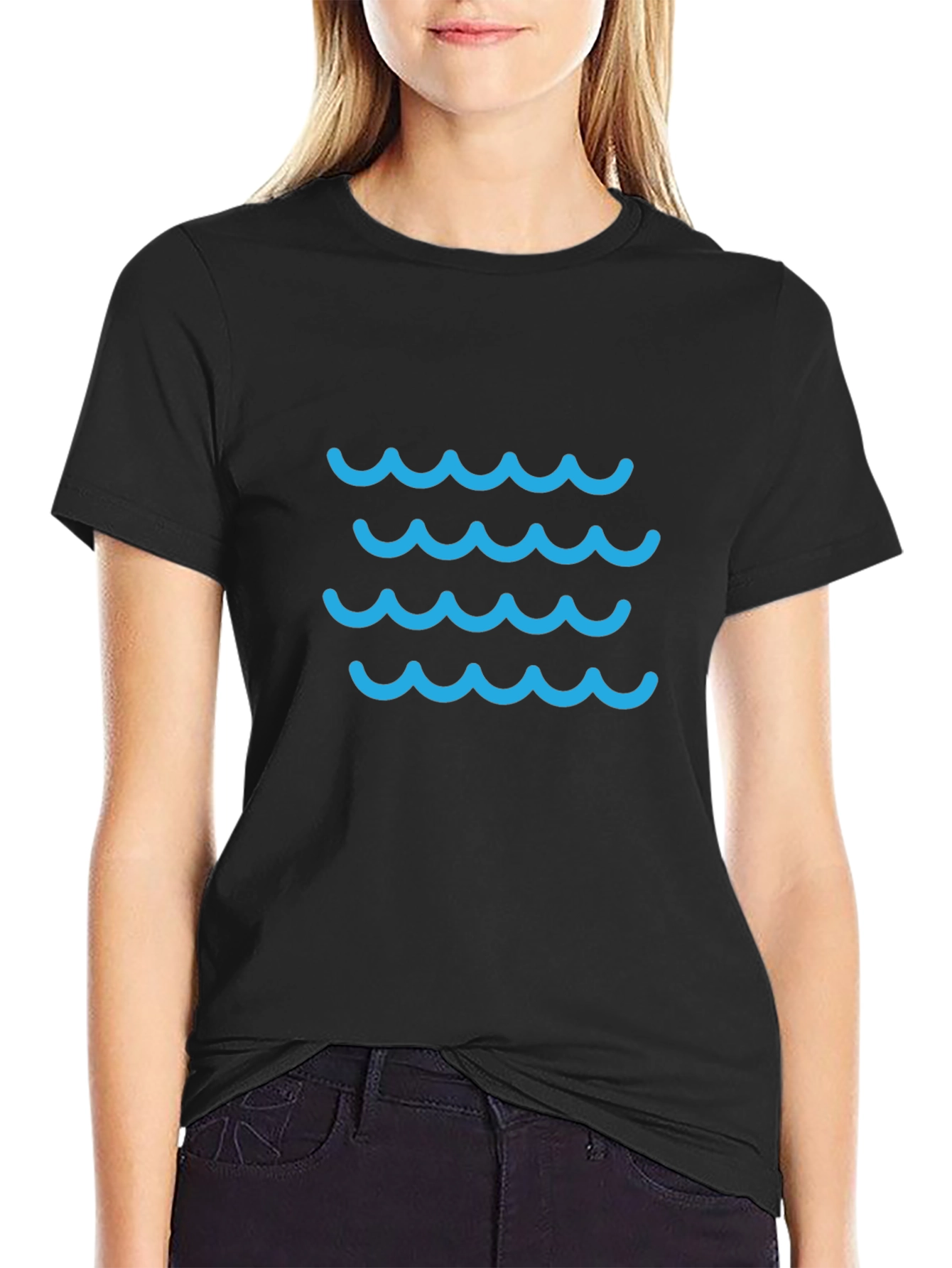 Blue Waves Graphic Tee - Casual Black T-Shirt