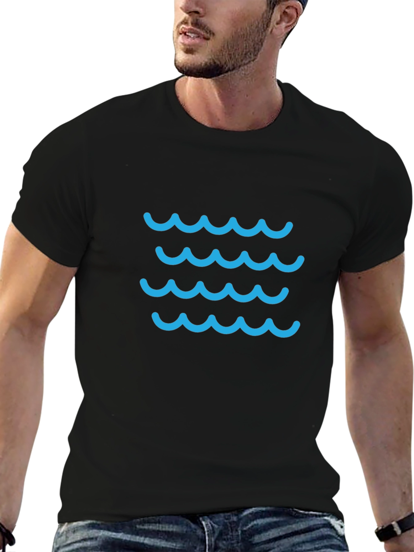 Blue Waves Graphic Tee - Casual Black T-Shirt