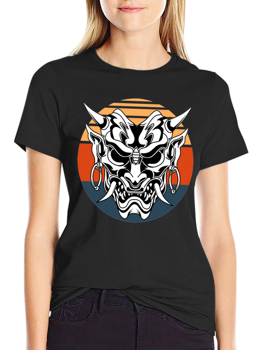 Japanese Oni Mask Graphic Tee - Black Cotton T-Shirt