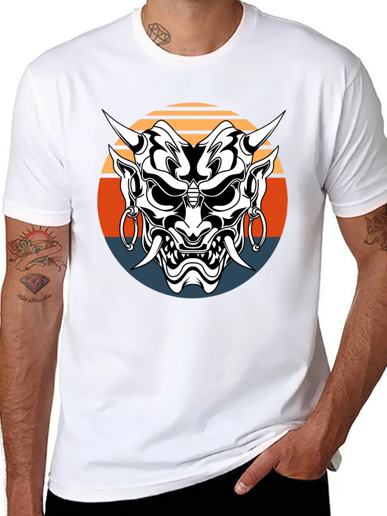 Japanese Oni Mask Graphic Tee - Black Cotton T-Shirt