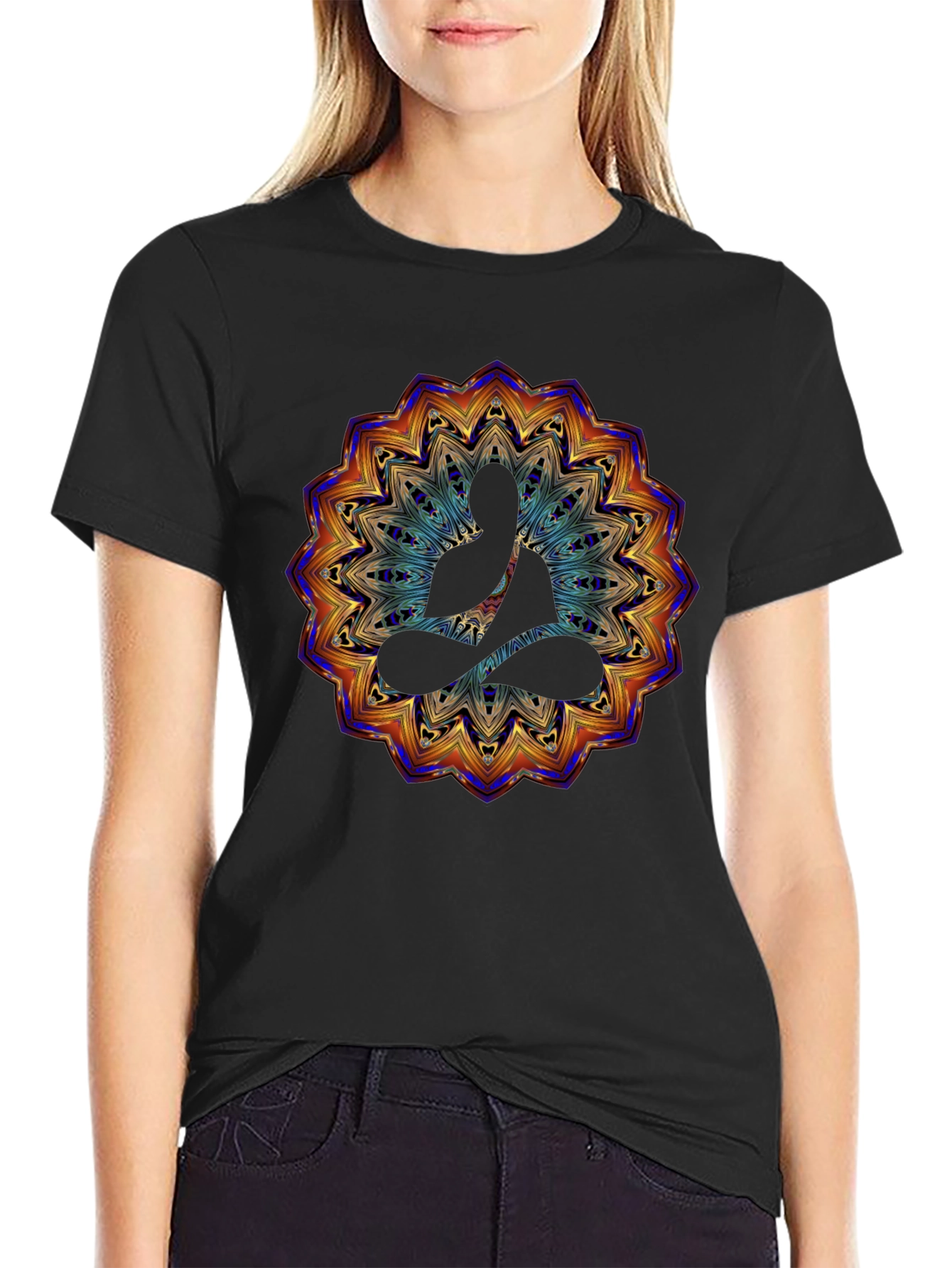 Buddha Mandala Graphic Print T-Shirt - Black