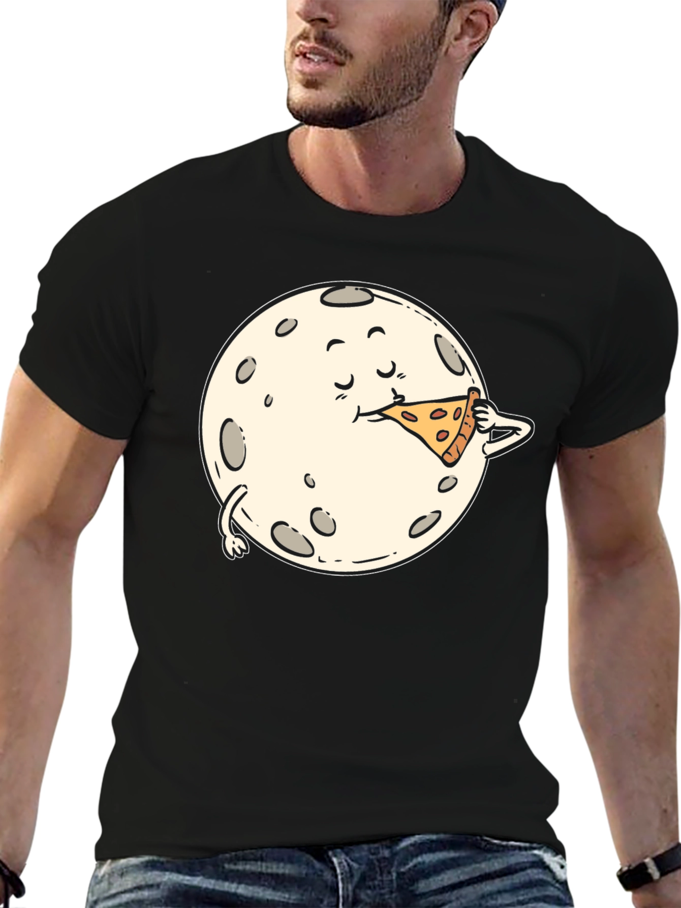 Moon Eating Pizza Graphic Tee - Black Cotton T-Shirt