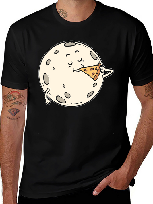 Moon Eating Pizza Graphic Tee - Black Cotton T-Shirt