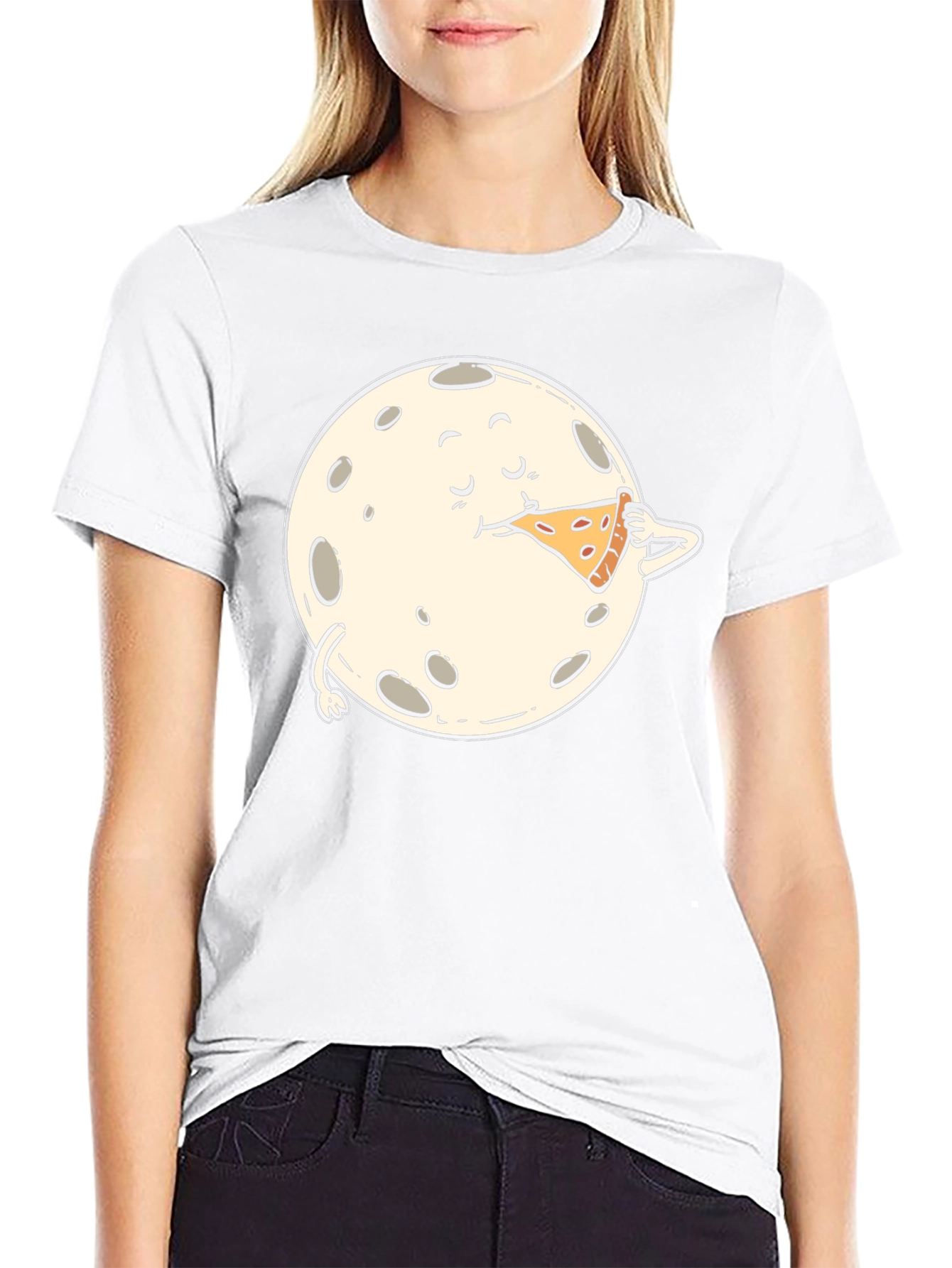 Moon Eating Pizza Graphic Tee - Black Cotton T-Shirt