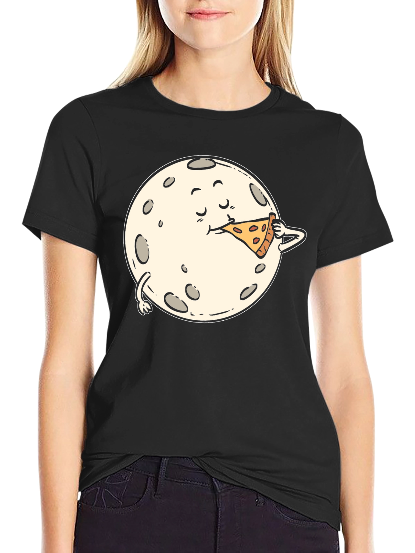 Moon Eating Pizza Graphic Tee - Black Cotton T-Shirt