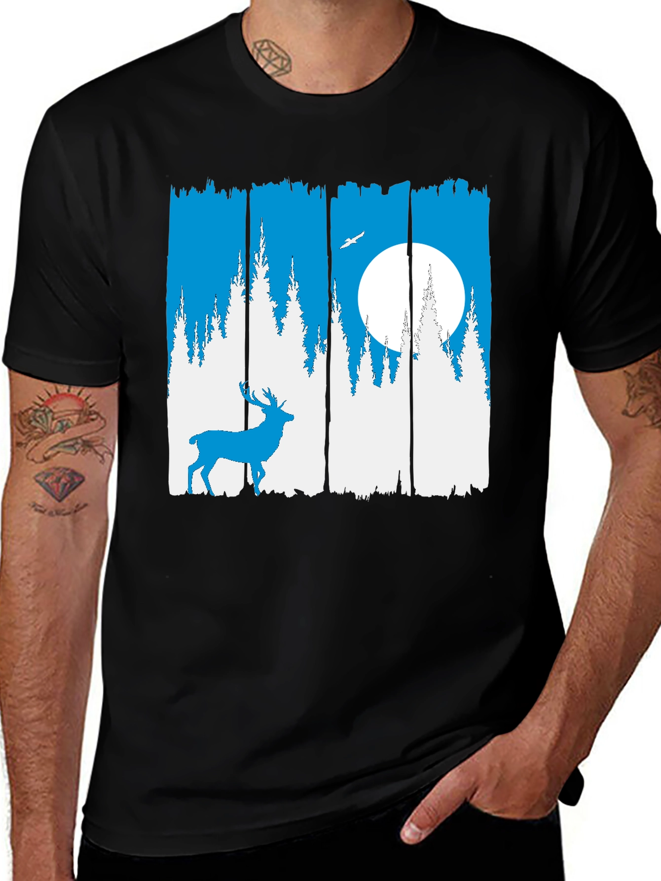 Nature Deer Graphic Tee - Mens Black Crew Neck