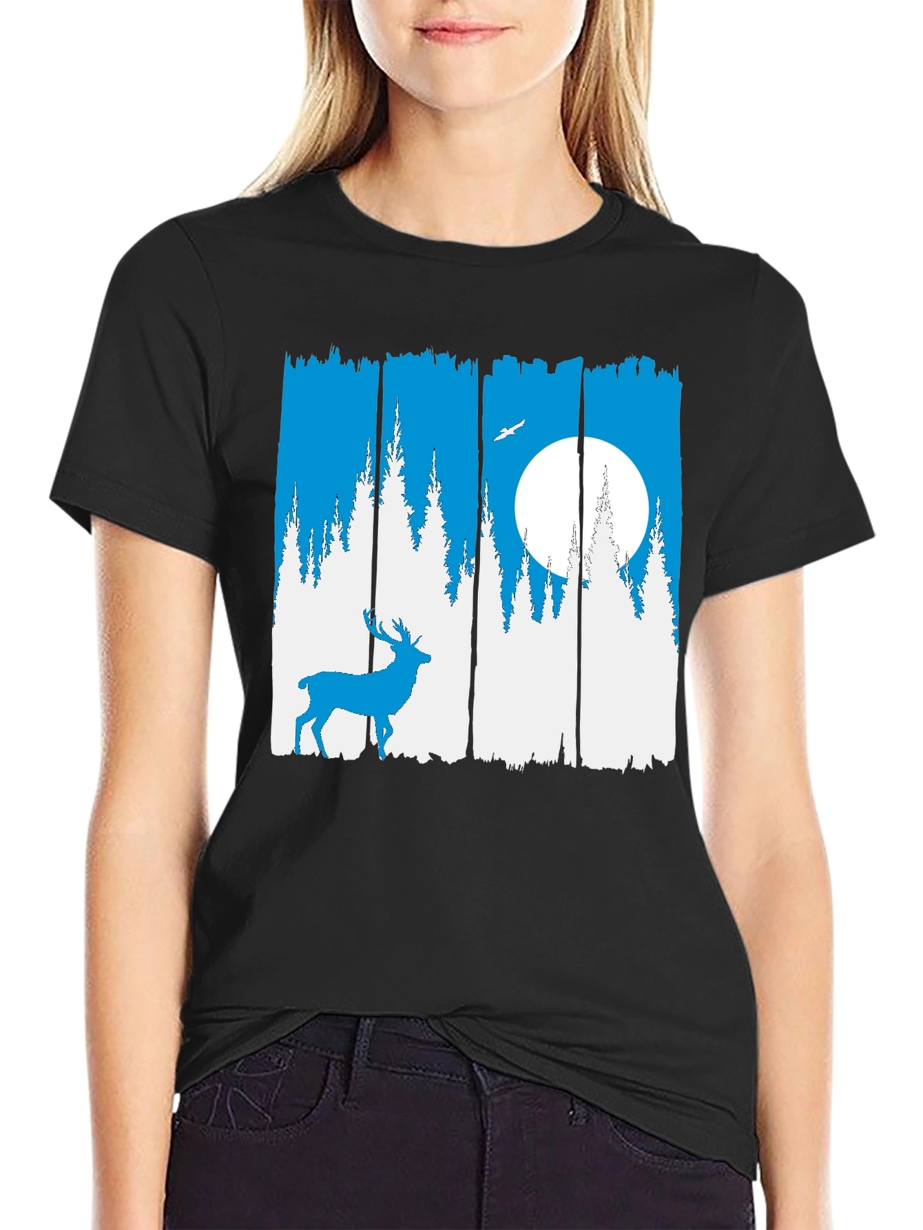 Nature Deer Graphic Tee - Mens Black Crew Neck