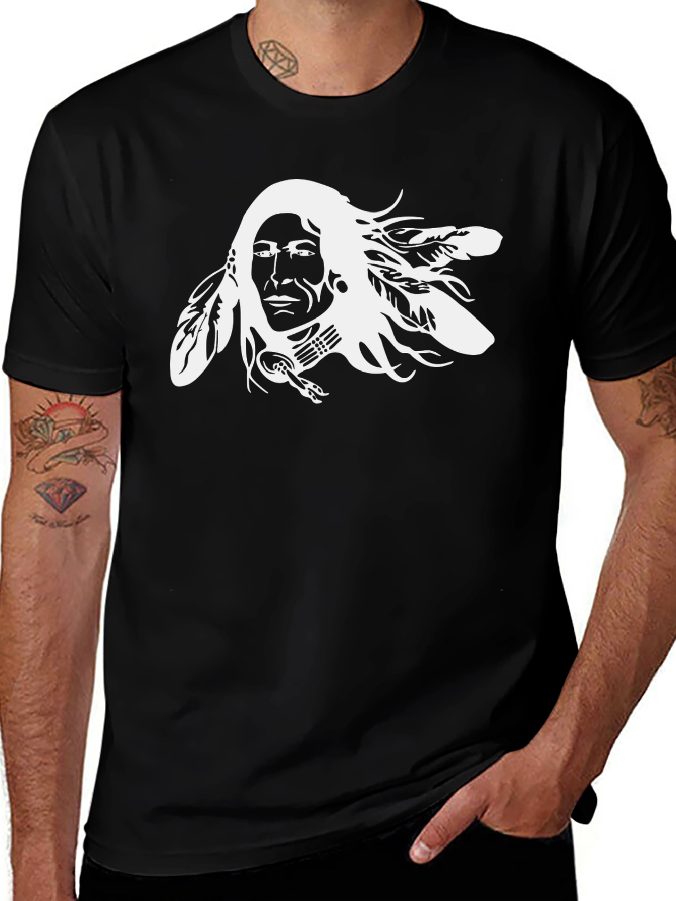 Native American Chief Graphic Tee - Black Cotton T-Shirt