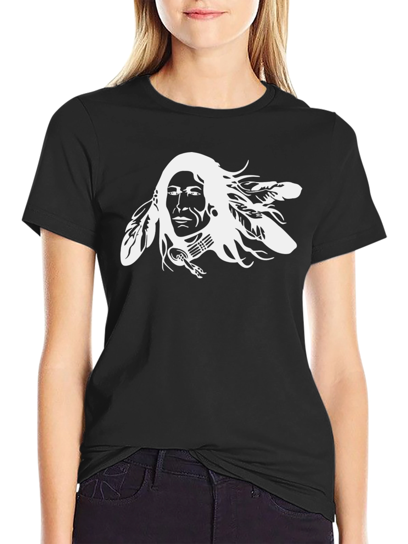 Native American Chief Graphic Tee - Black Cotton T-Shirt