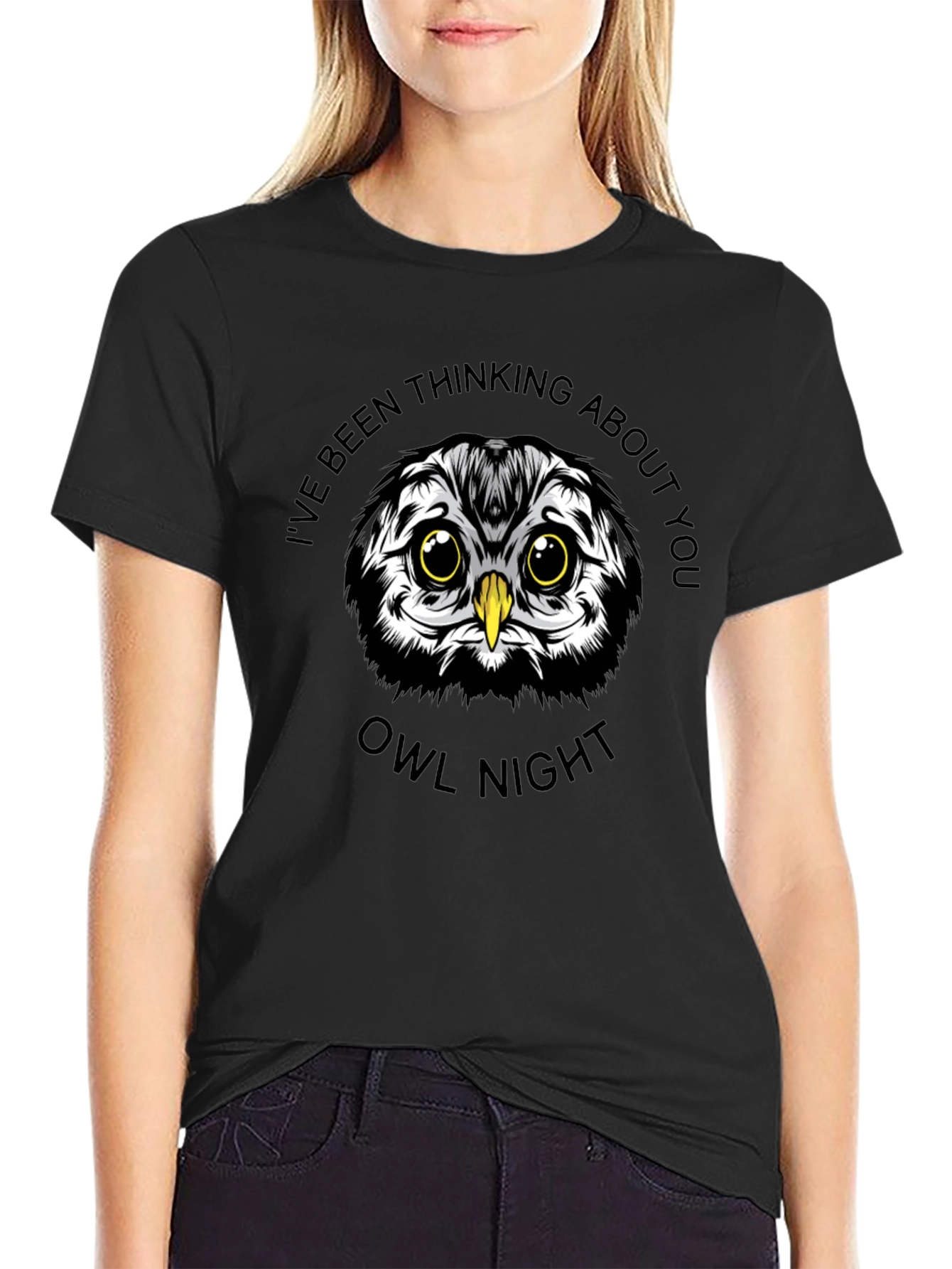 Owl Night Graphic Print Black T-Shirt