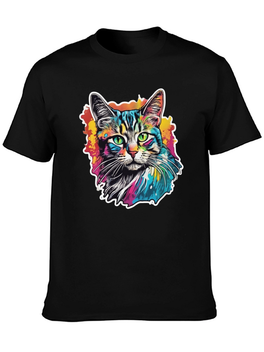 Colorful Cat Graphic Tee - Artistic Black T-Shirt