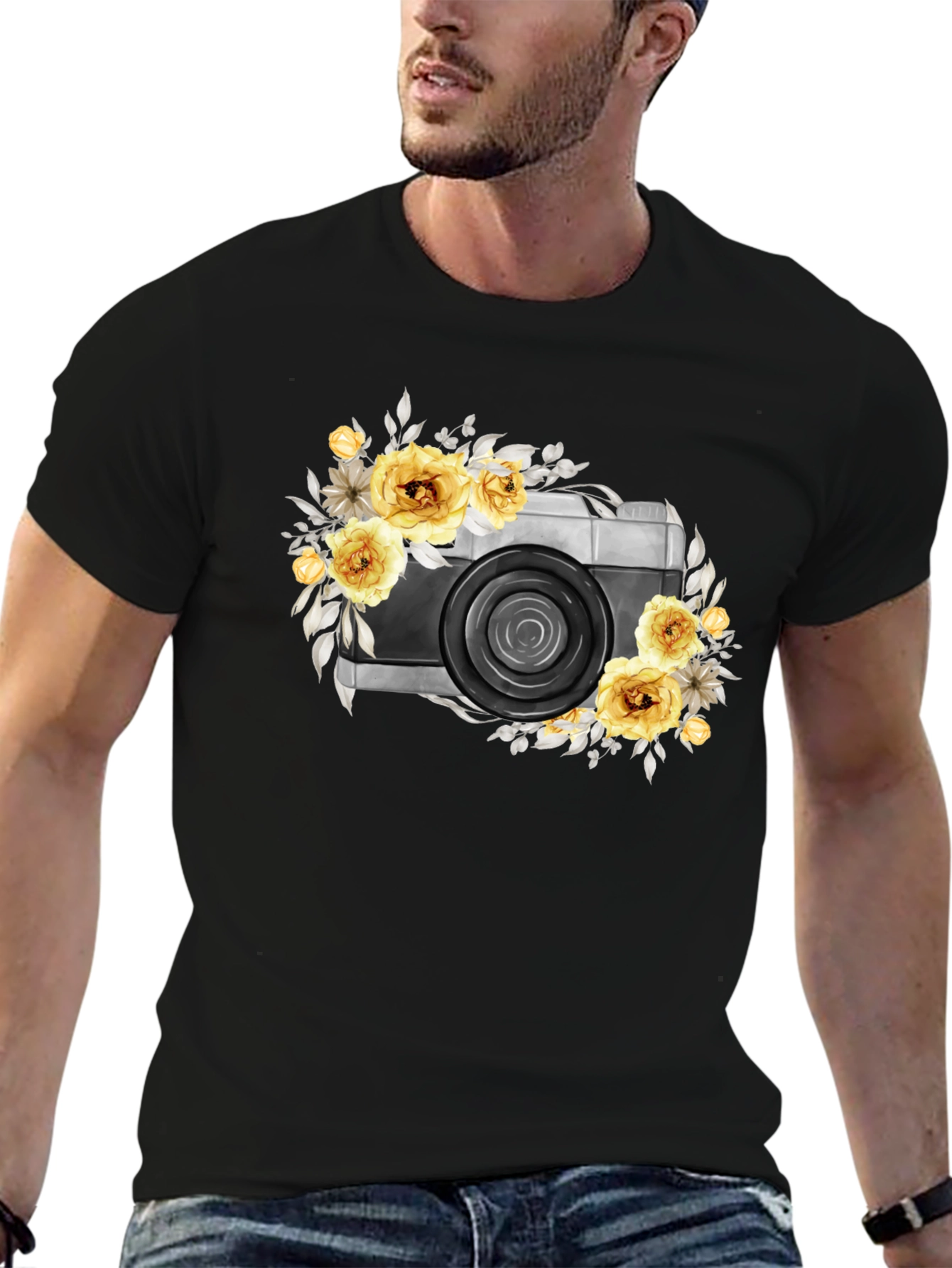 Floral Camera Graphic T-Shirt - Black Cotton Tee