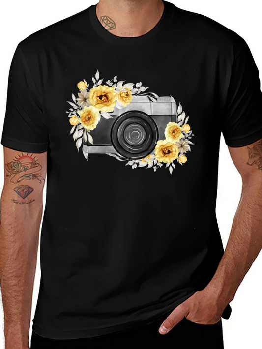 Floral Camera Graphic T-Shirt - Black Cotton Tee