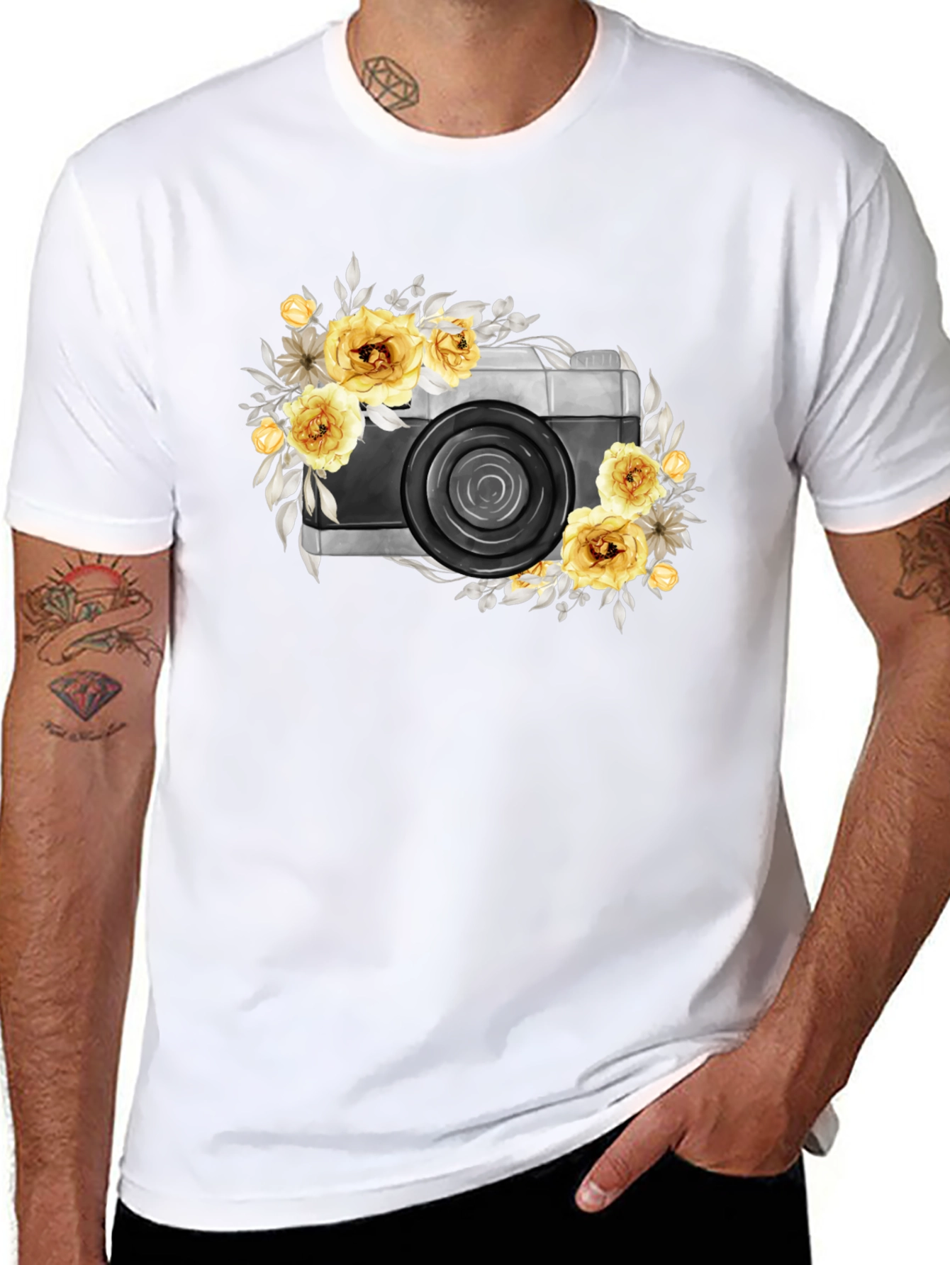 Floral Camera Graphic T-Shirt - Black Cotton Tee