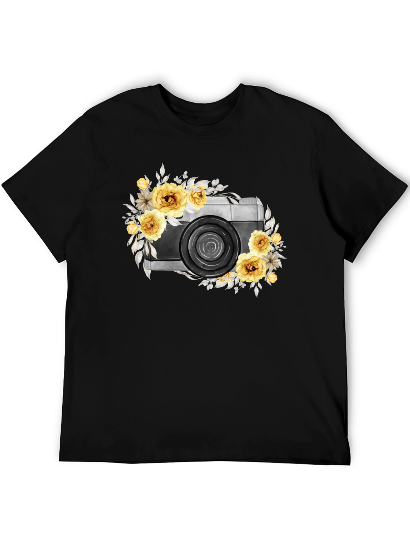 Floral Camera Graphic T-Shirt - Black Cotton Tee