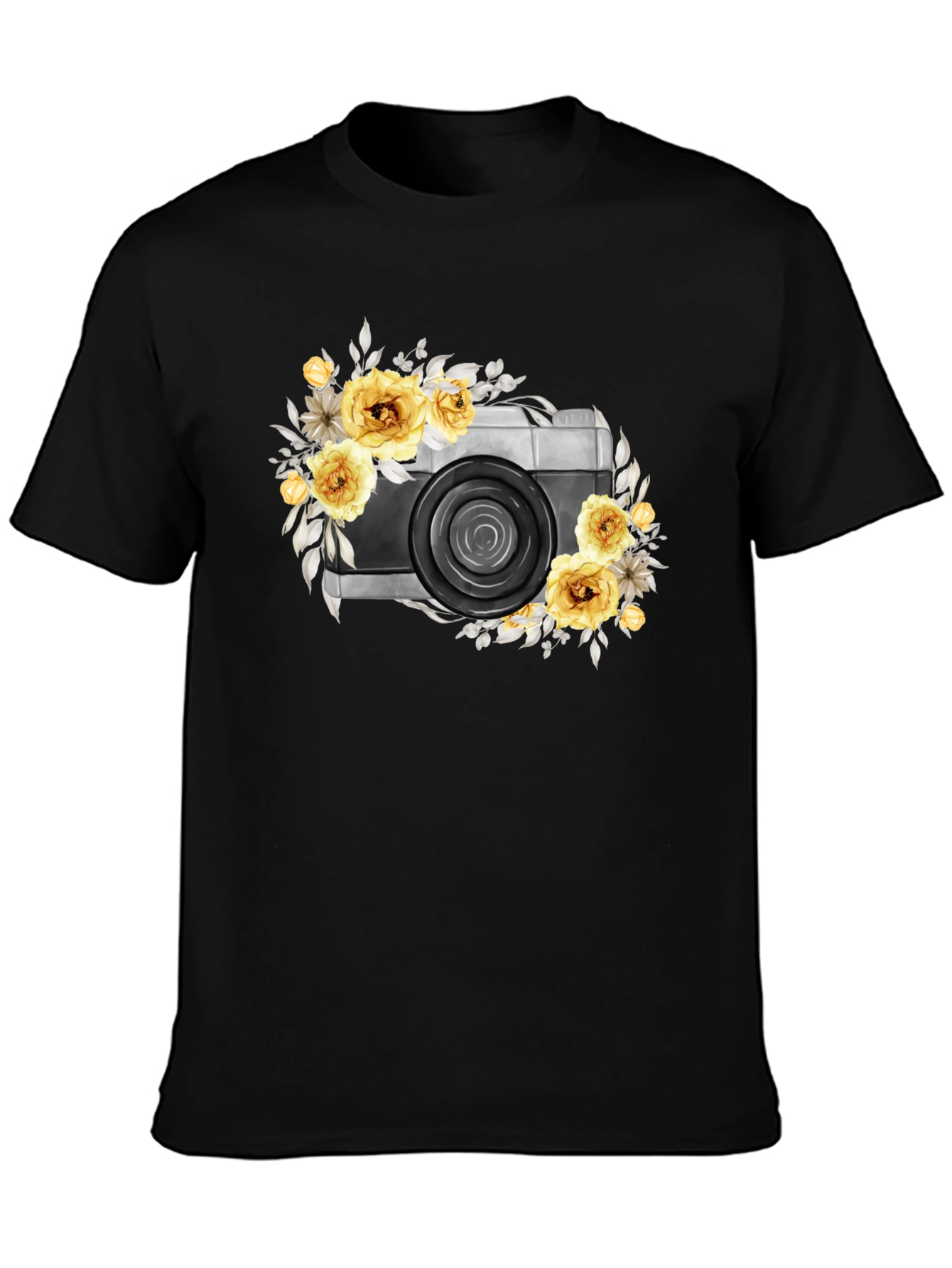 Floral Camera Graphic T-Shirt - Black Cotton Tee