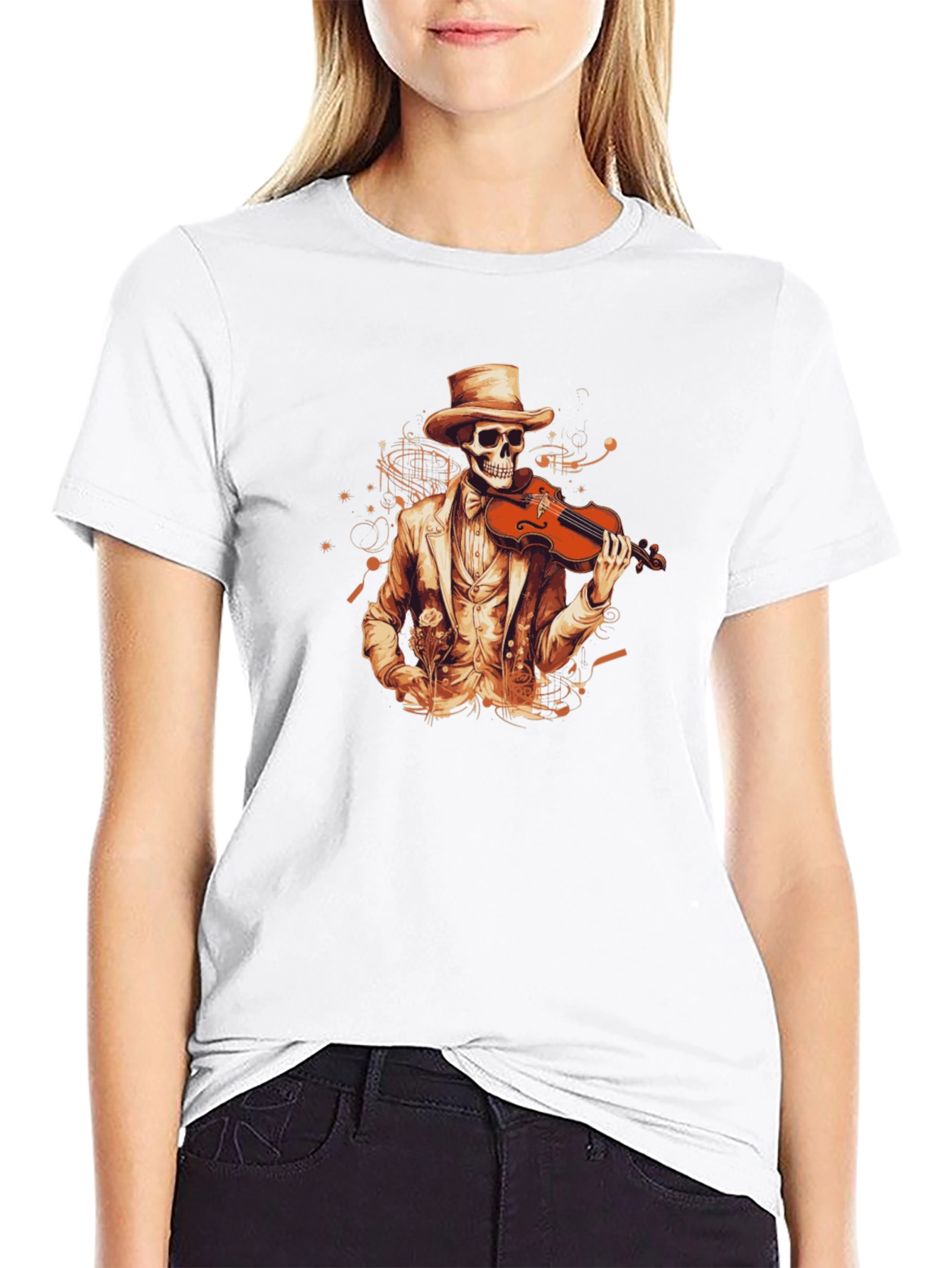 Skeleton Violinist Graphic Tee - Black Cotton T-Shirt