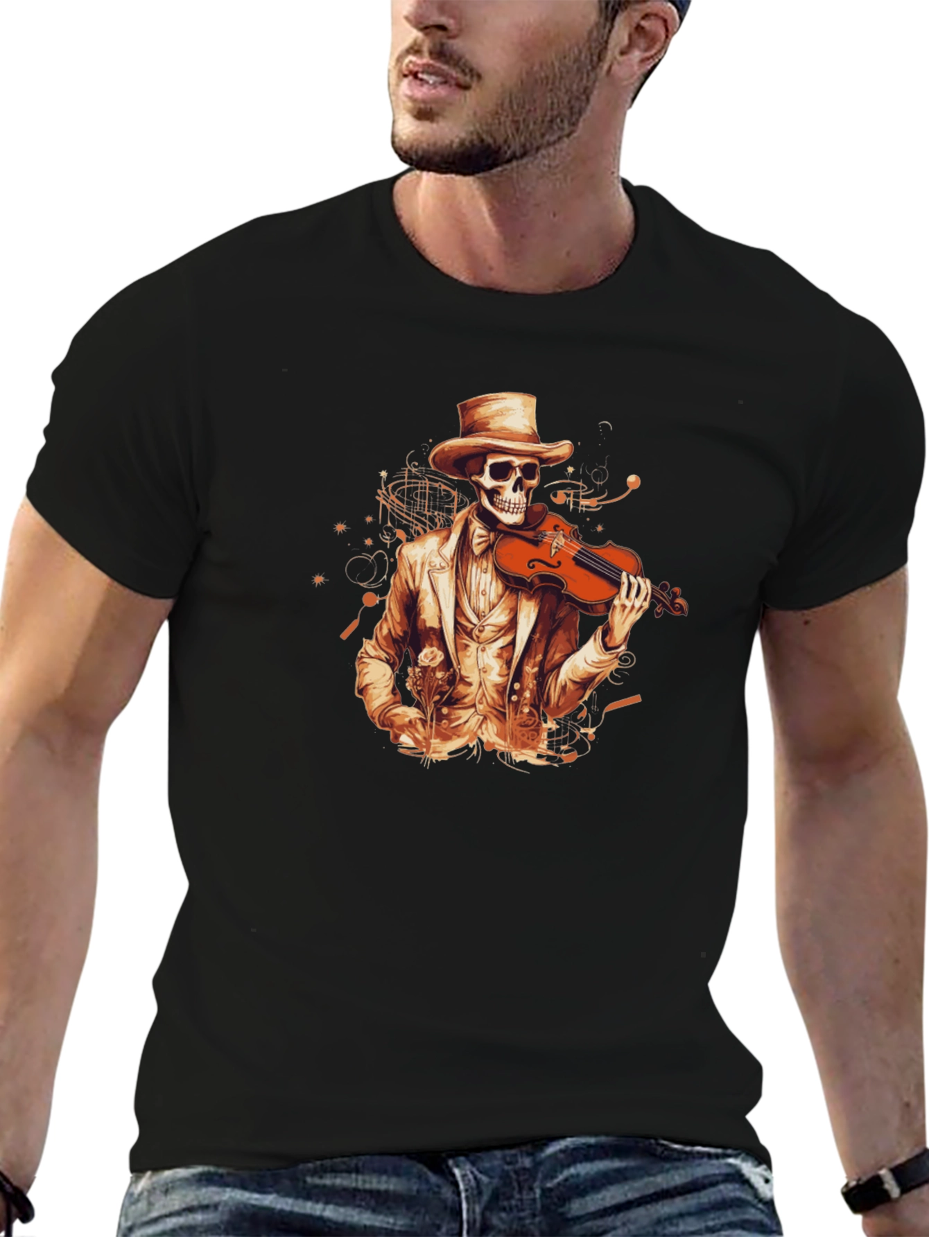 Skeleton Violinist Graphic Tee - Black Cotton T-Shirt