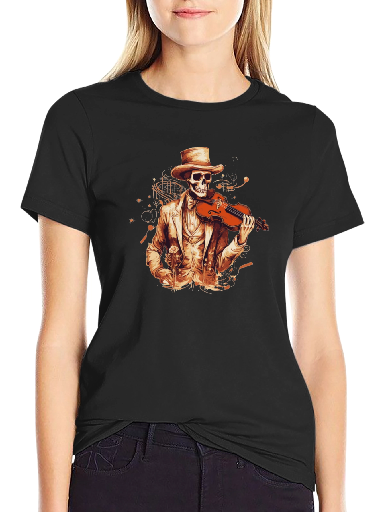 Skeleton Violinist Graphic Tee - Black Cotton T-Shirt