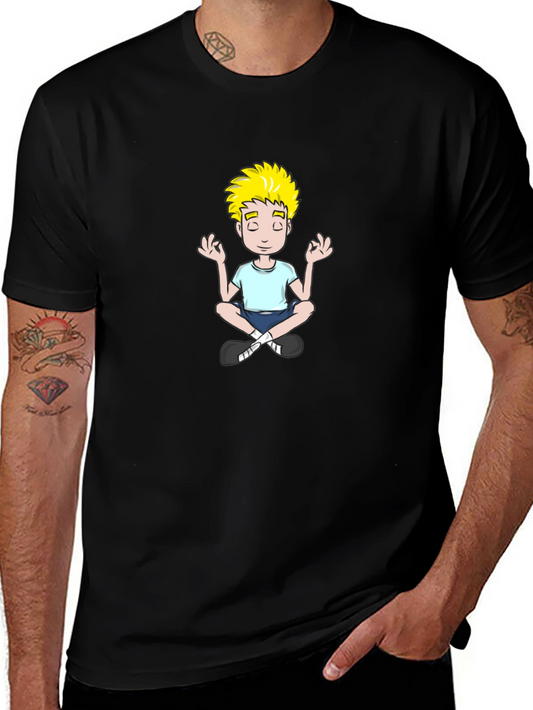 Meditating Cartoon Boy Black T-Shirt
