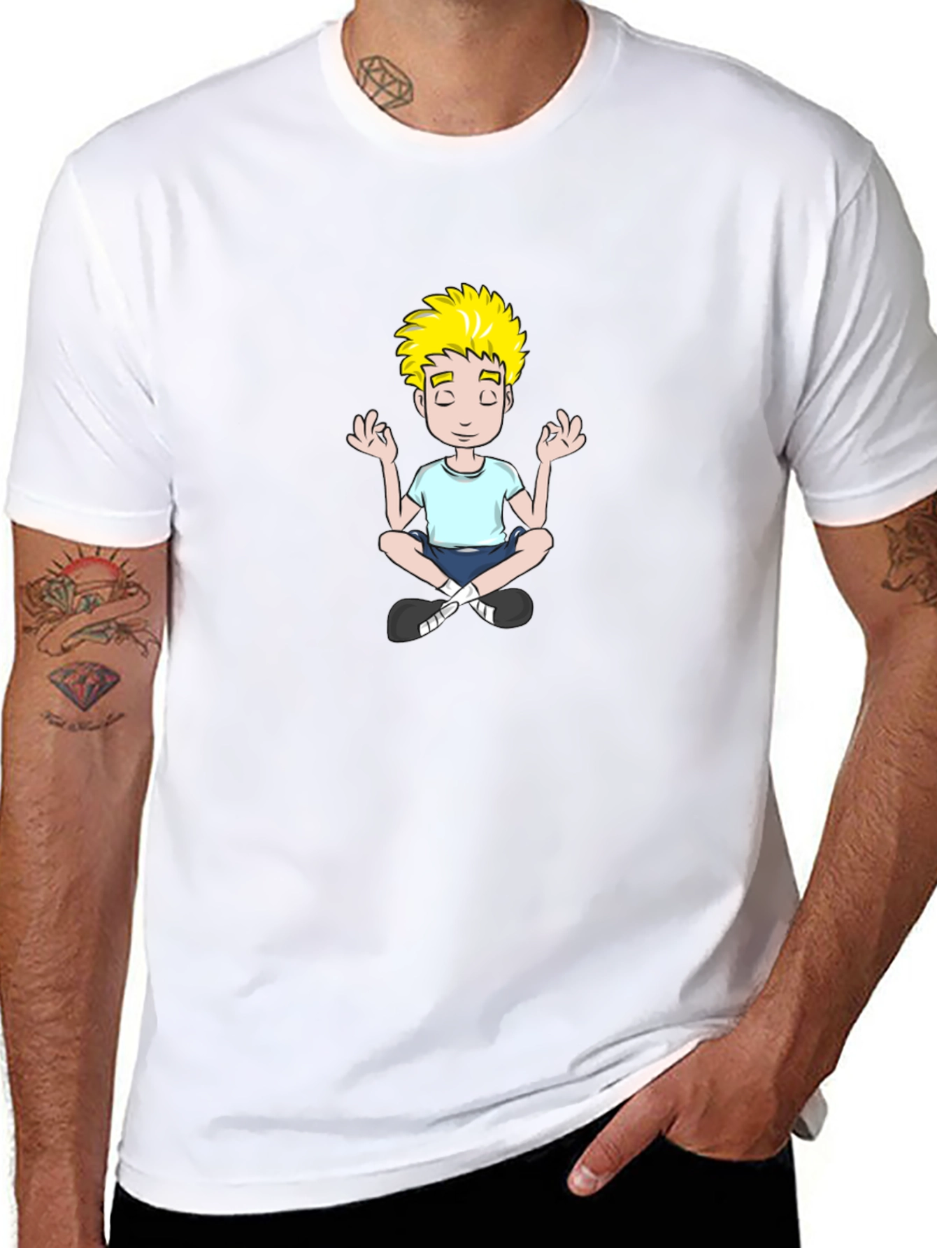 Meditating Cartoon Boy Black T-Shirt
