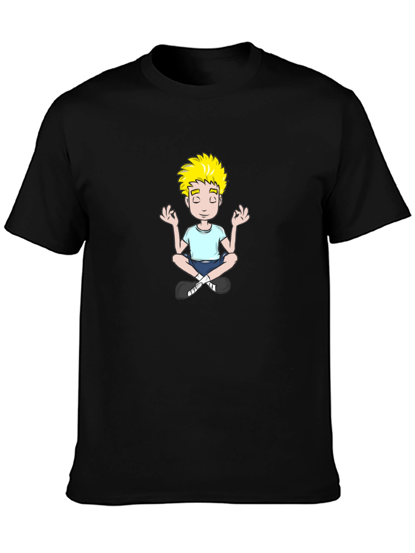 Meditating Cartoon Boy Black T-Shirt