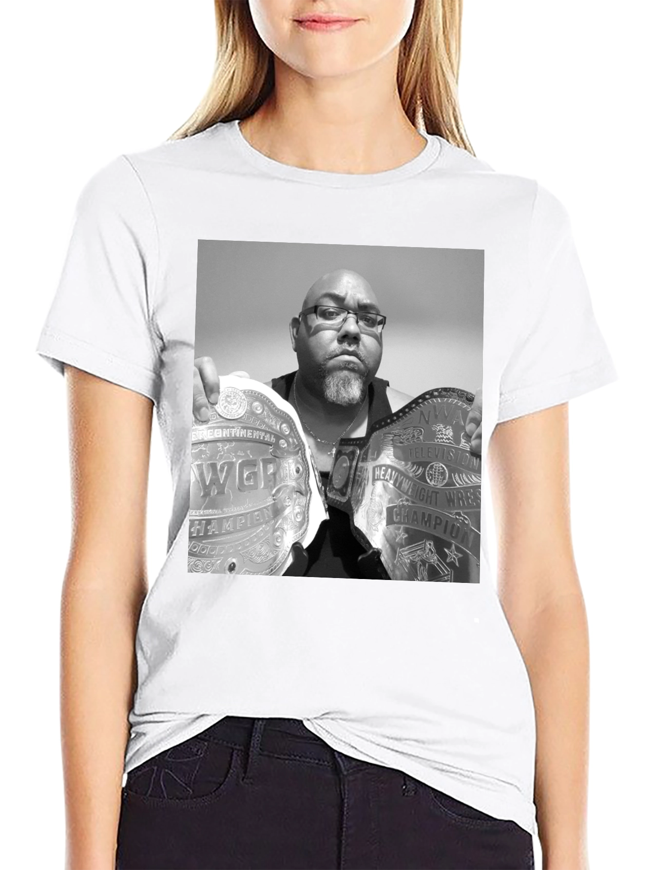 Black T-Shirt with Wrestling Champion Graphic