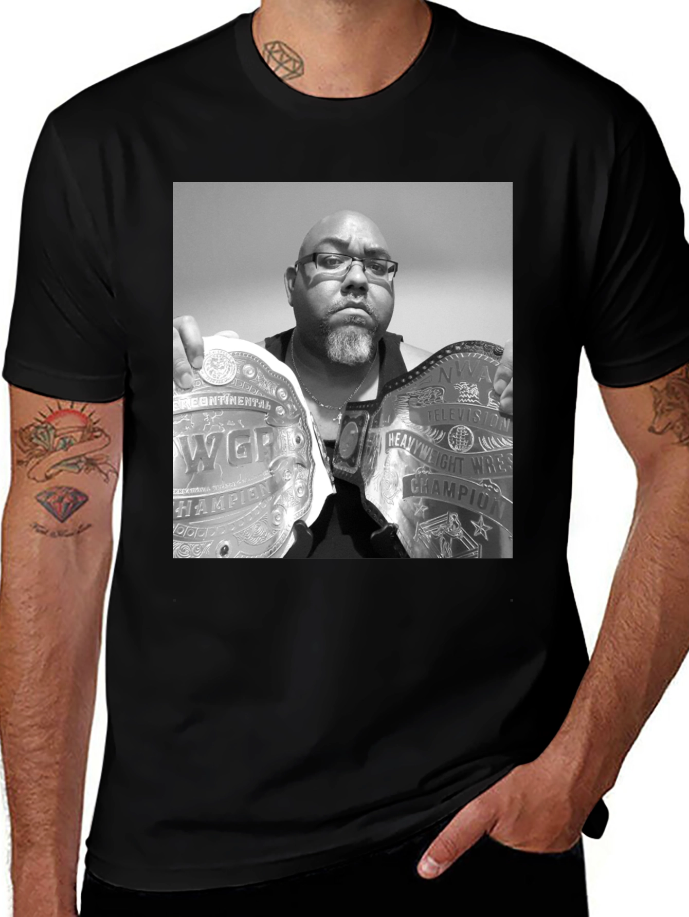 Black T-Shirt with Wrestling Champion Graphic