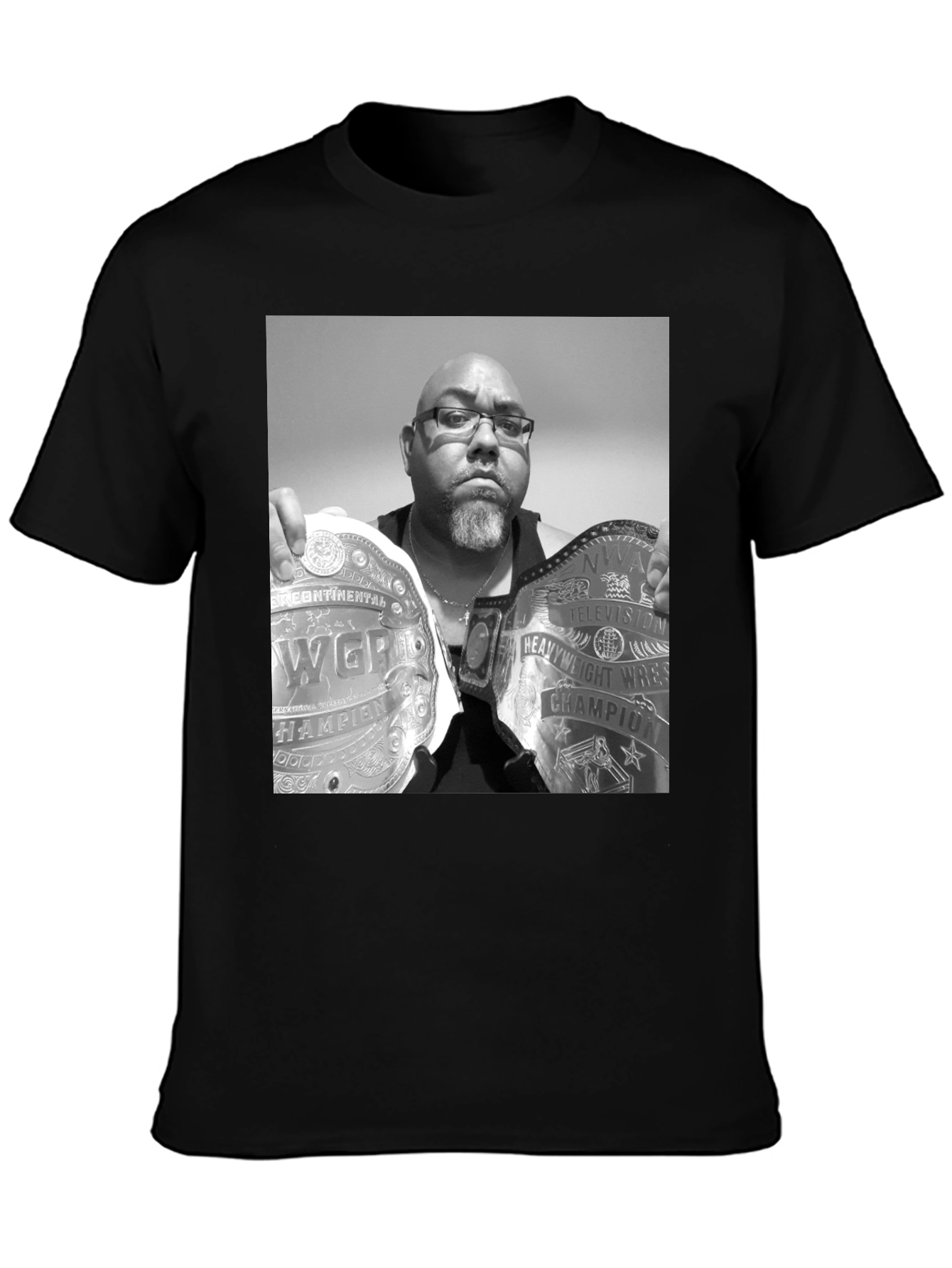 Black T-Shirt with Wrestling Champion Graphic