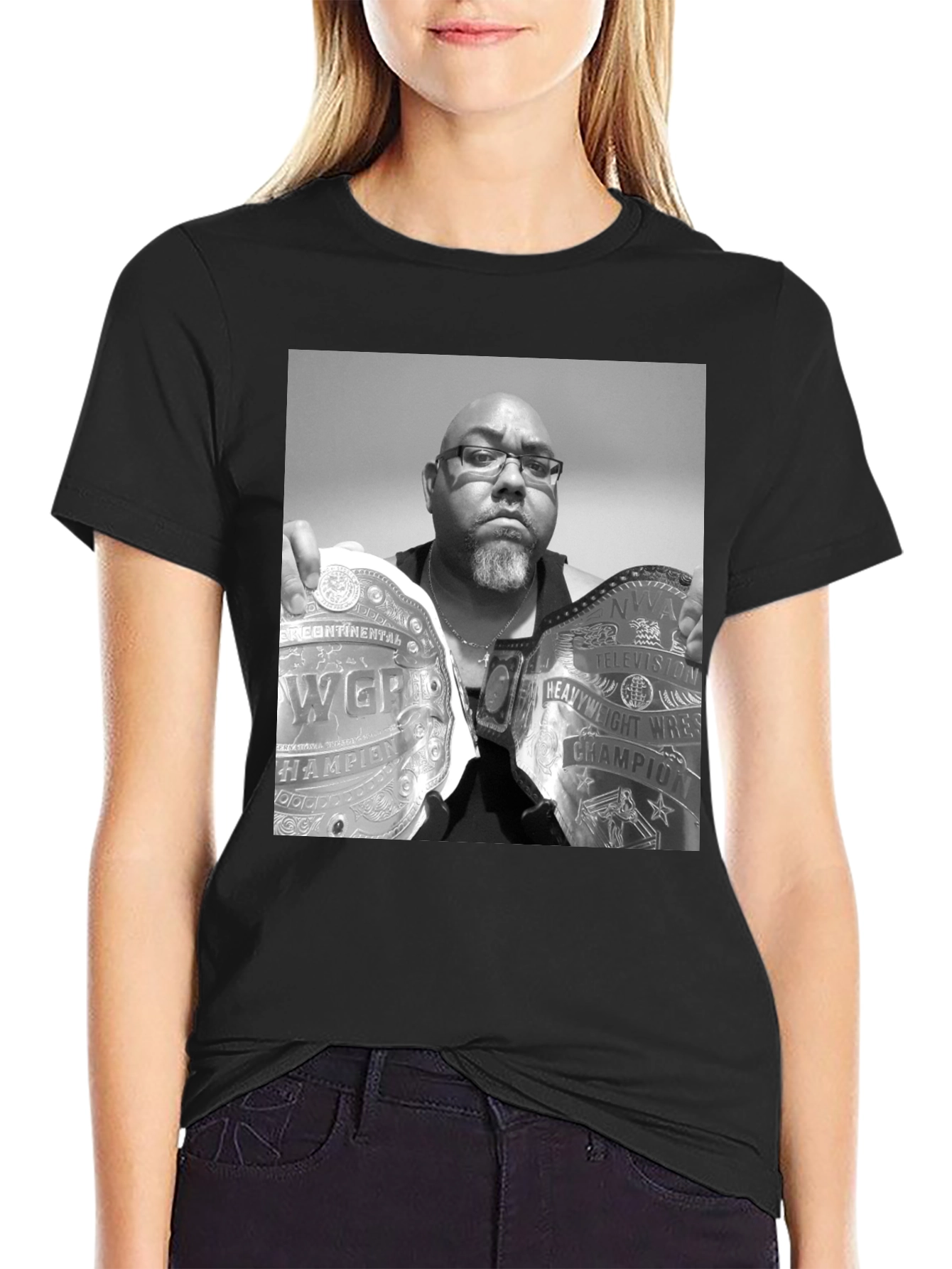 Black T-Shirt with Wrestling Champion Graphic