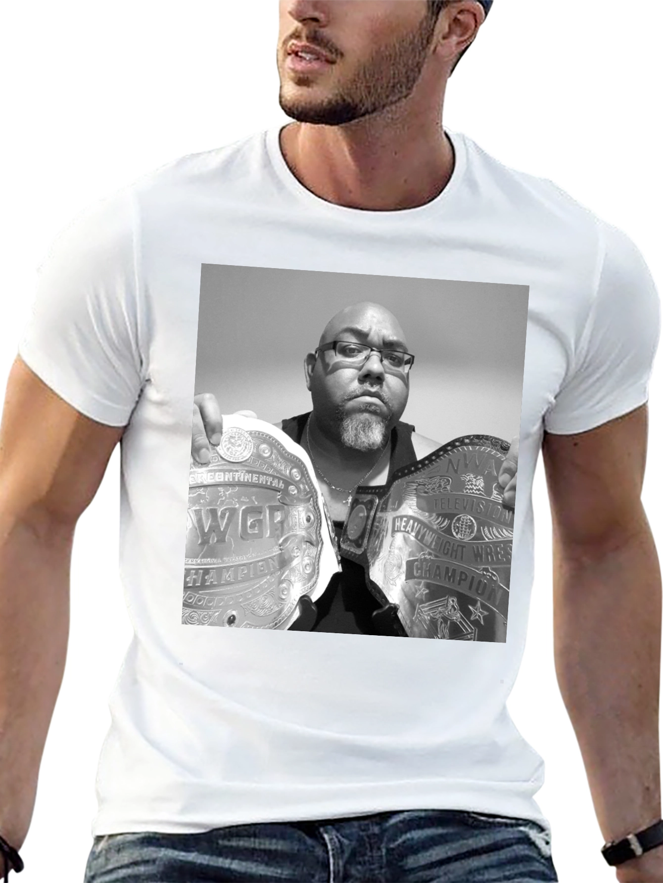 Black T-Shirt with Wrestling Champion Graphic