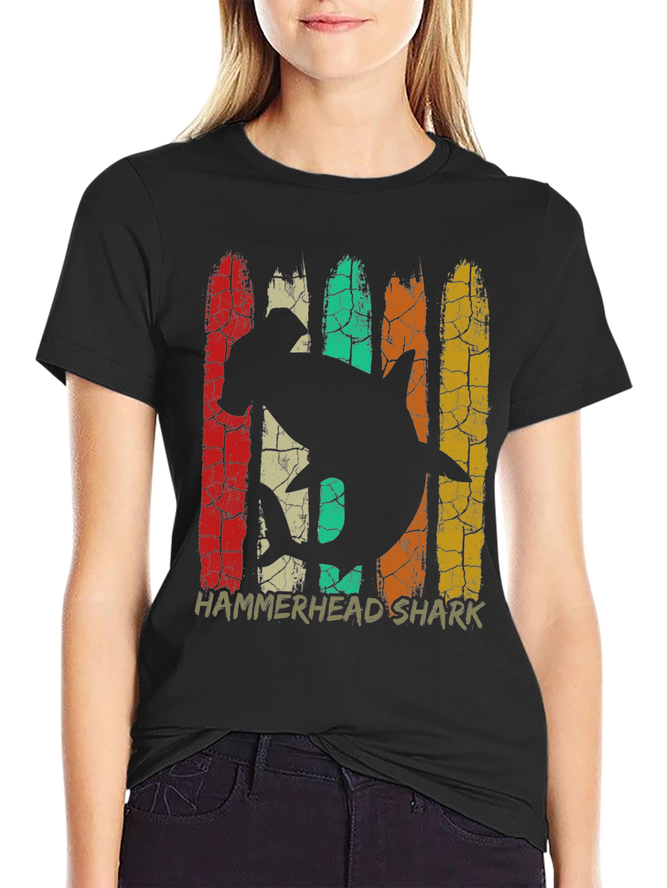 Hammerhead Shark Retro Graphic Tee - Black Cotton T-Shirt