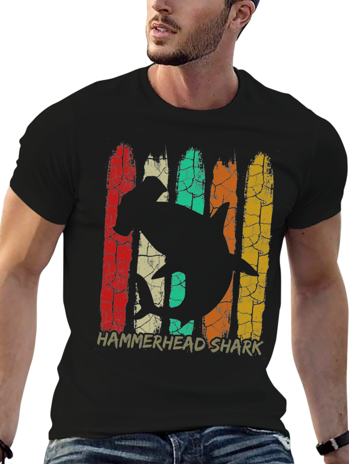Hammerhead Shark Retro Graphic Tee - Black Cotton T-Shirt