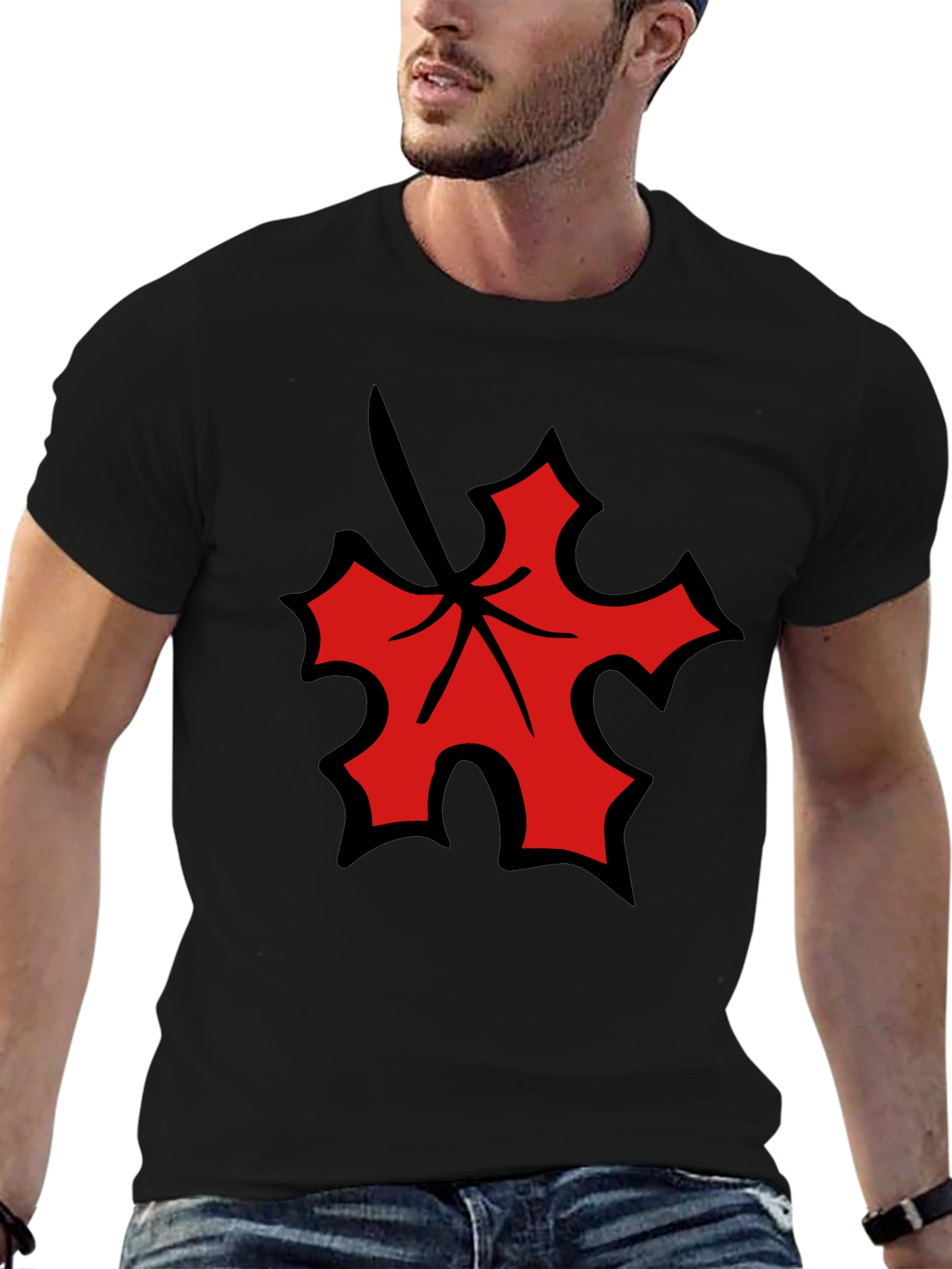 Red Leaf Graphic Black T-Shirt