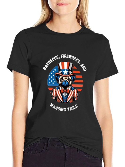 Patriotic Pug BBQ Fireworks Wagging Tails T-Shirt