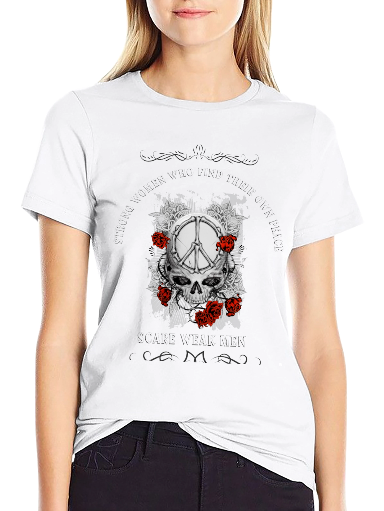 Skull & Peace Sign Graphic Print T-Shirt