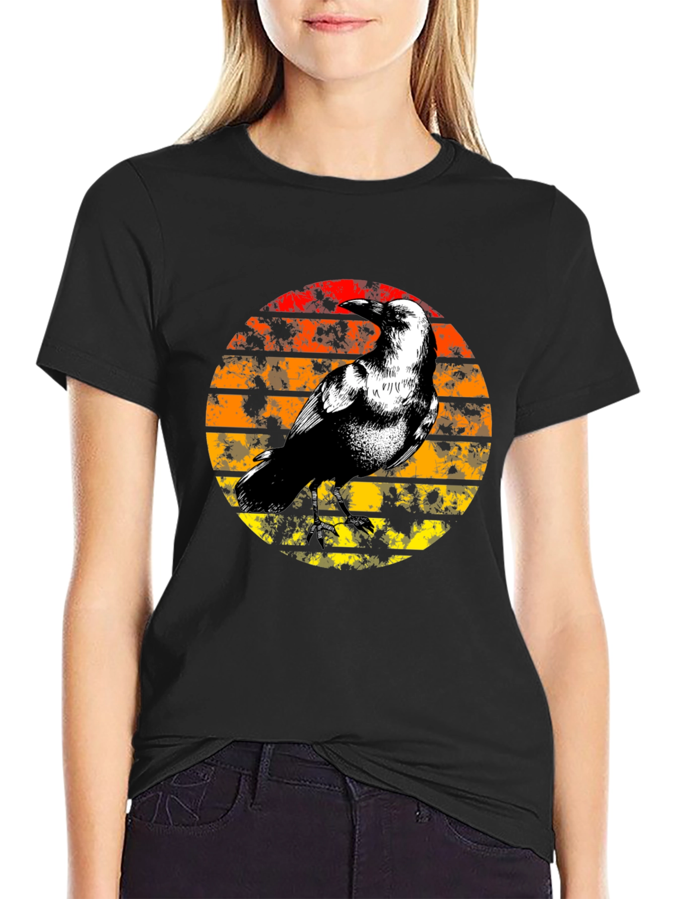 Raven Sunset Graphic Tee - Stylish Black T-Shirt