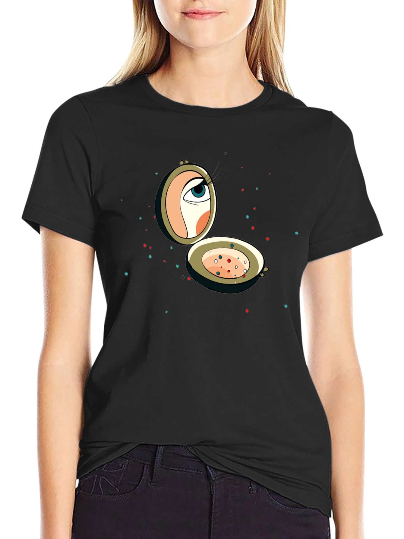 Cartoon Eye Compact Mirror Graphic T-Shirt