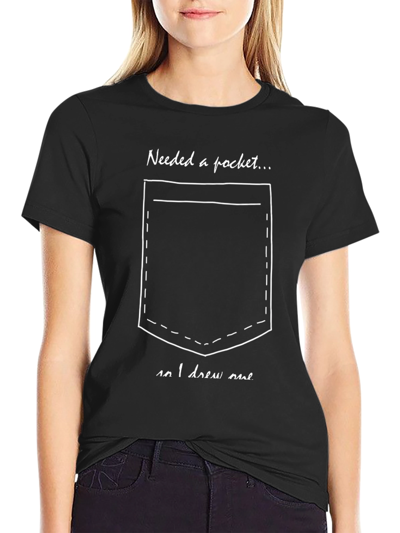 Humorous Drew a Pocket Black T-Shirt