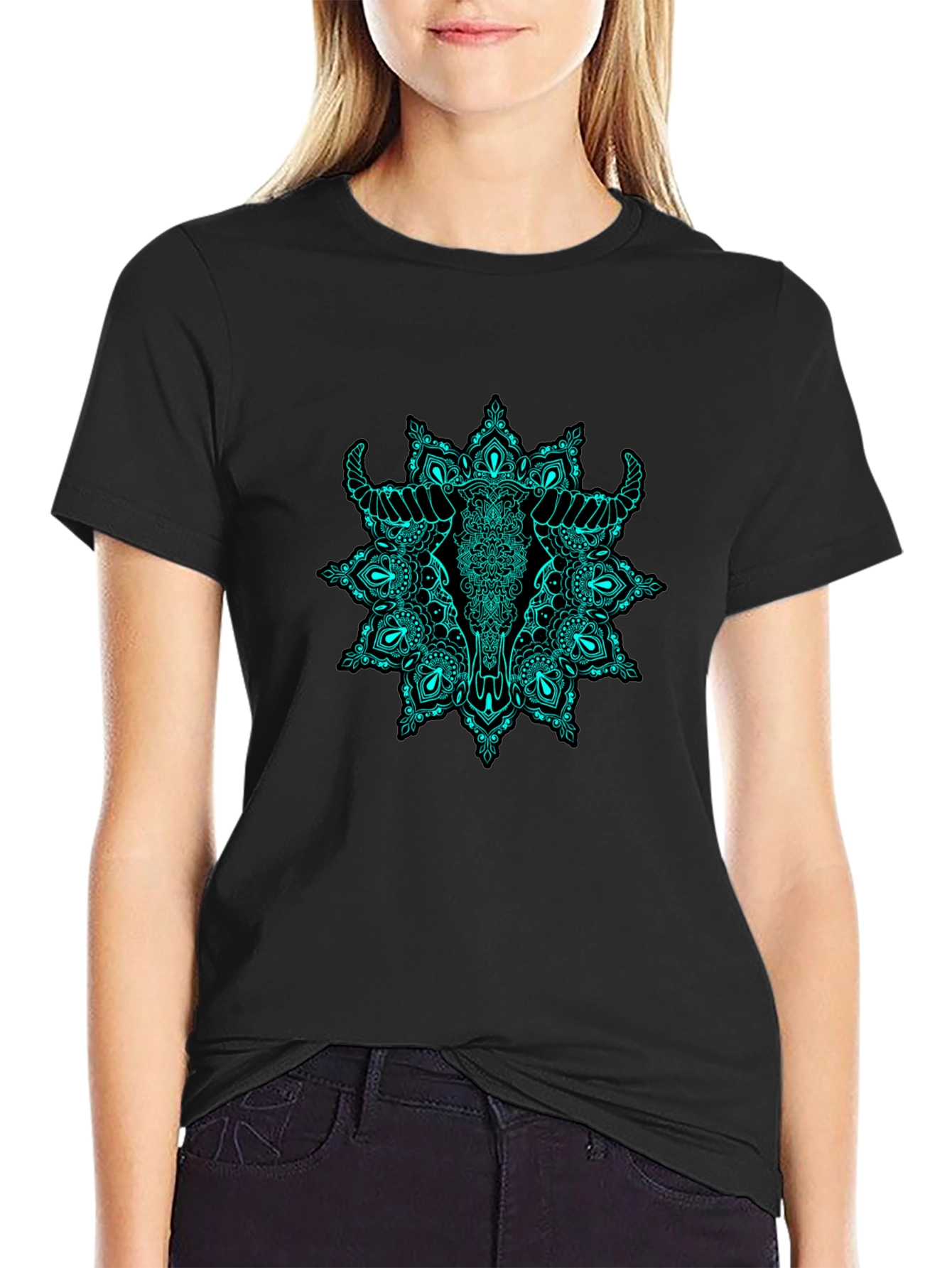 Bull Skull Mandala Graphic Tee - Black