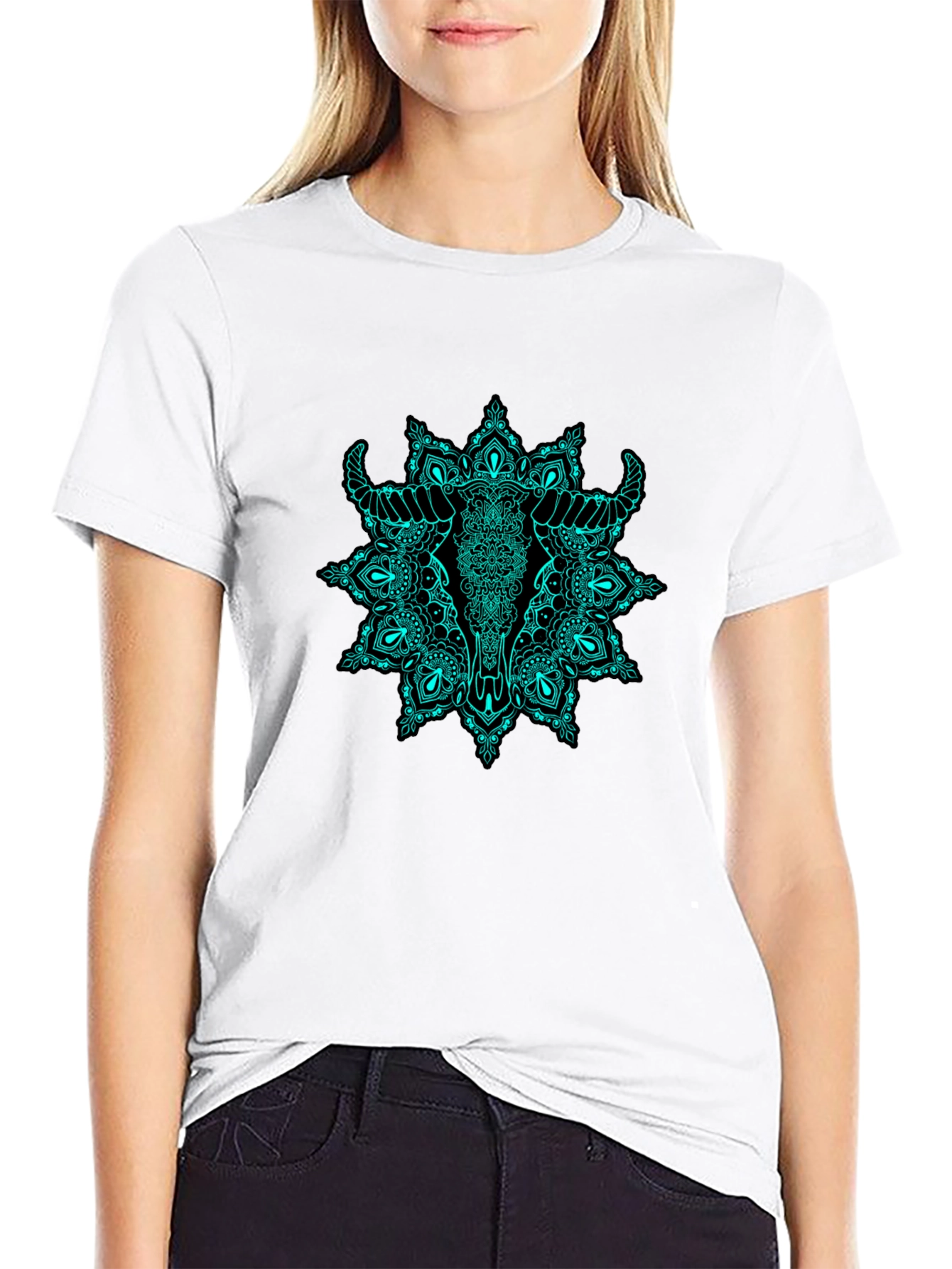 Bull Skull Mandala Graphic Tee - Black