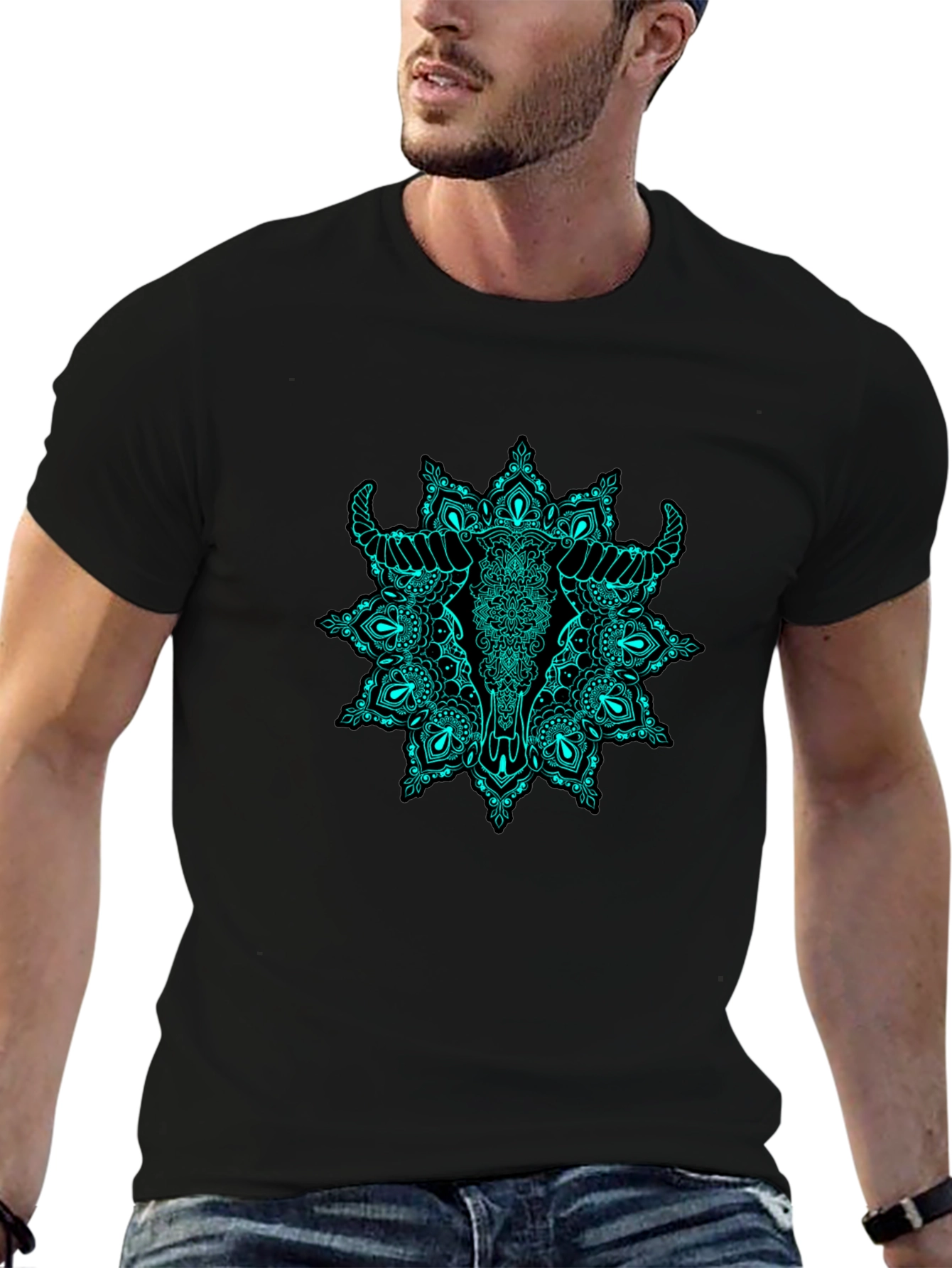 Bull Skull Mandala Graphic Tee - Black