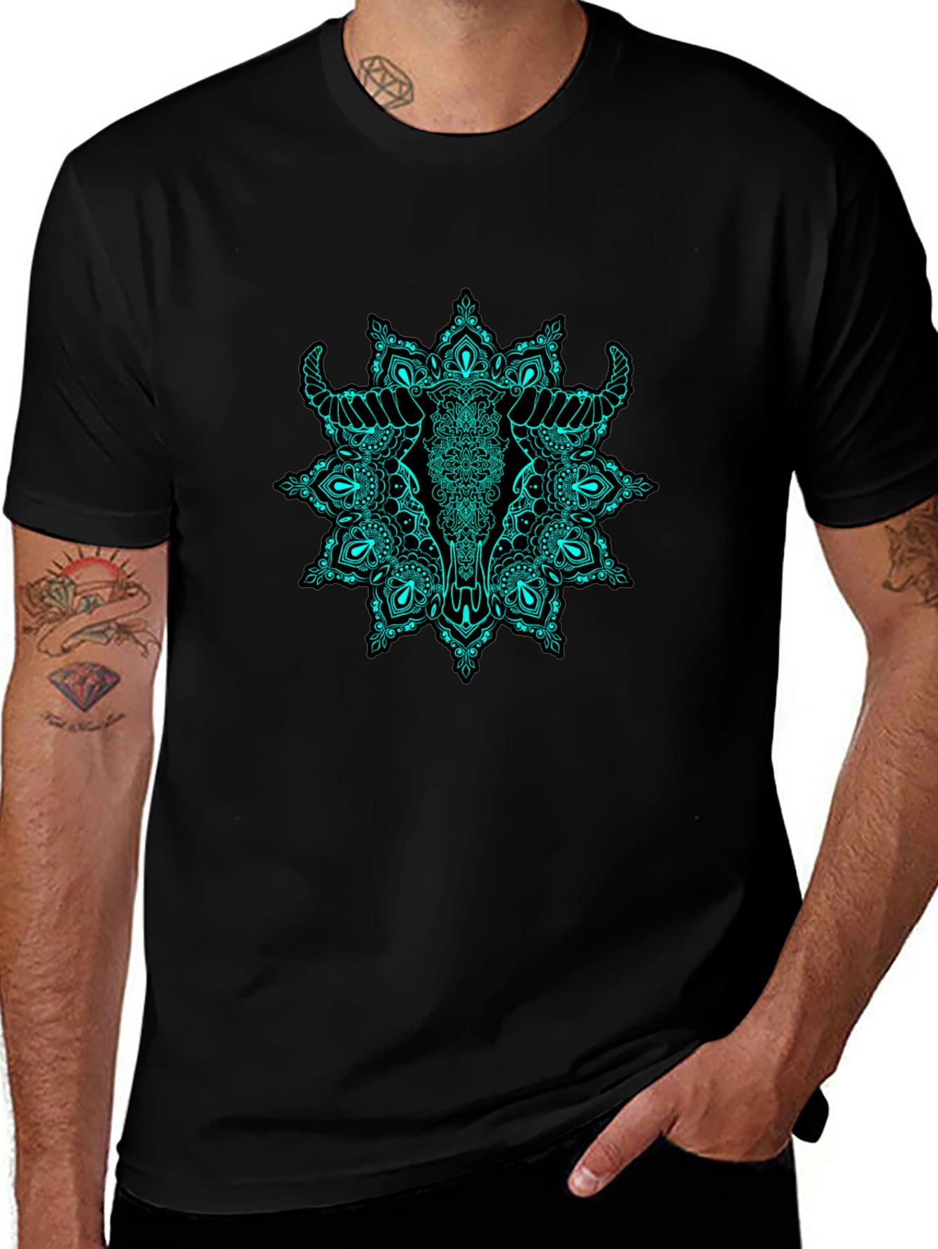 Bull Skull Mandala Graphic Tee - Black