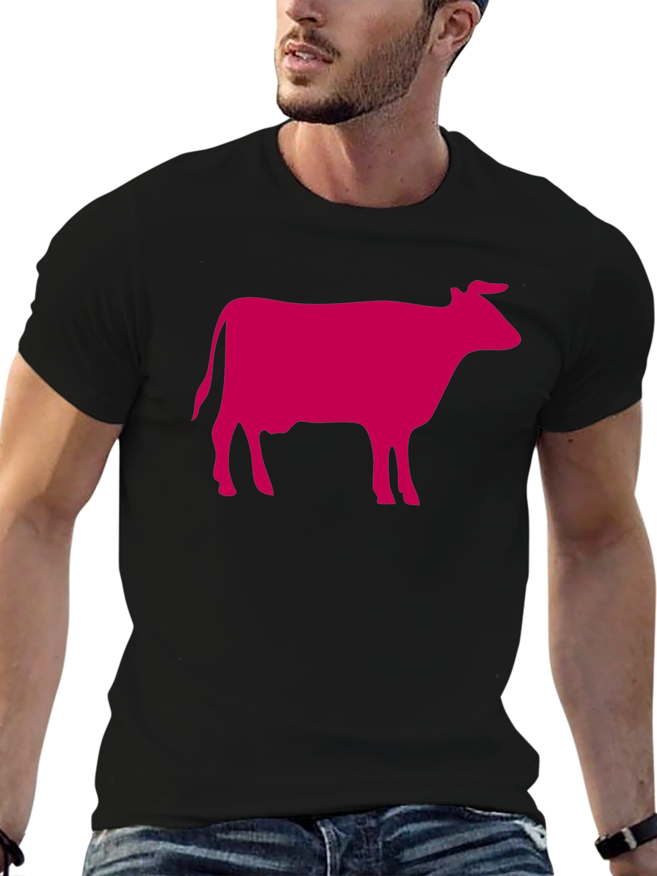 Black T-Shirt with Pink Cow Graphic