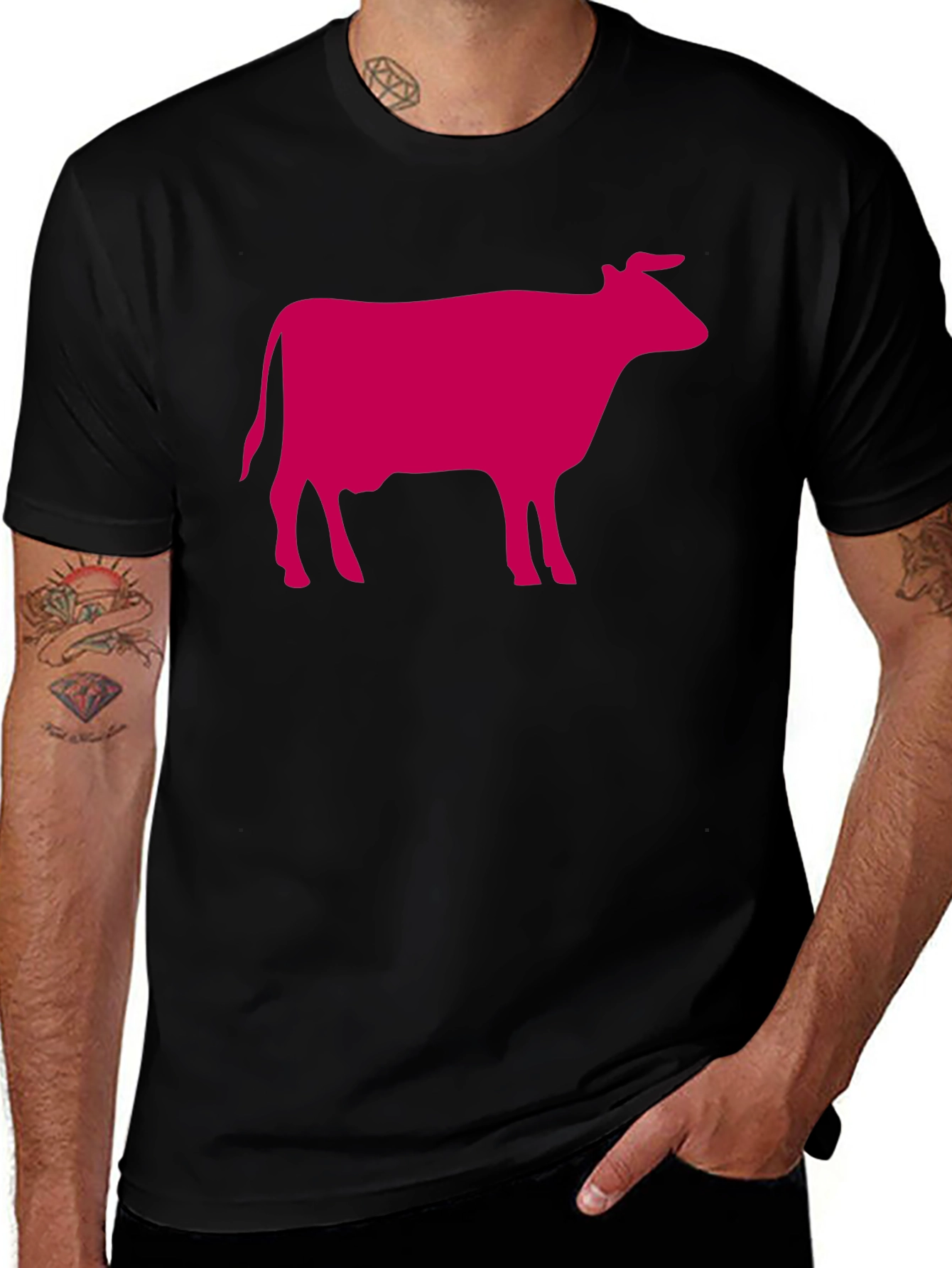 Black T-Shirt with Pink Cow Graphic