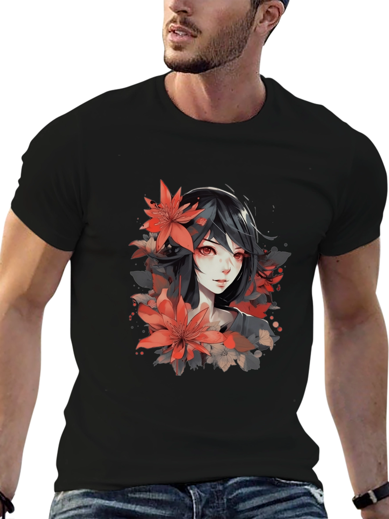 Anime Girl Floral T-Shirt - Stylish Graphic Tee