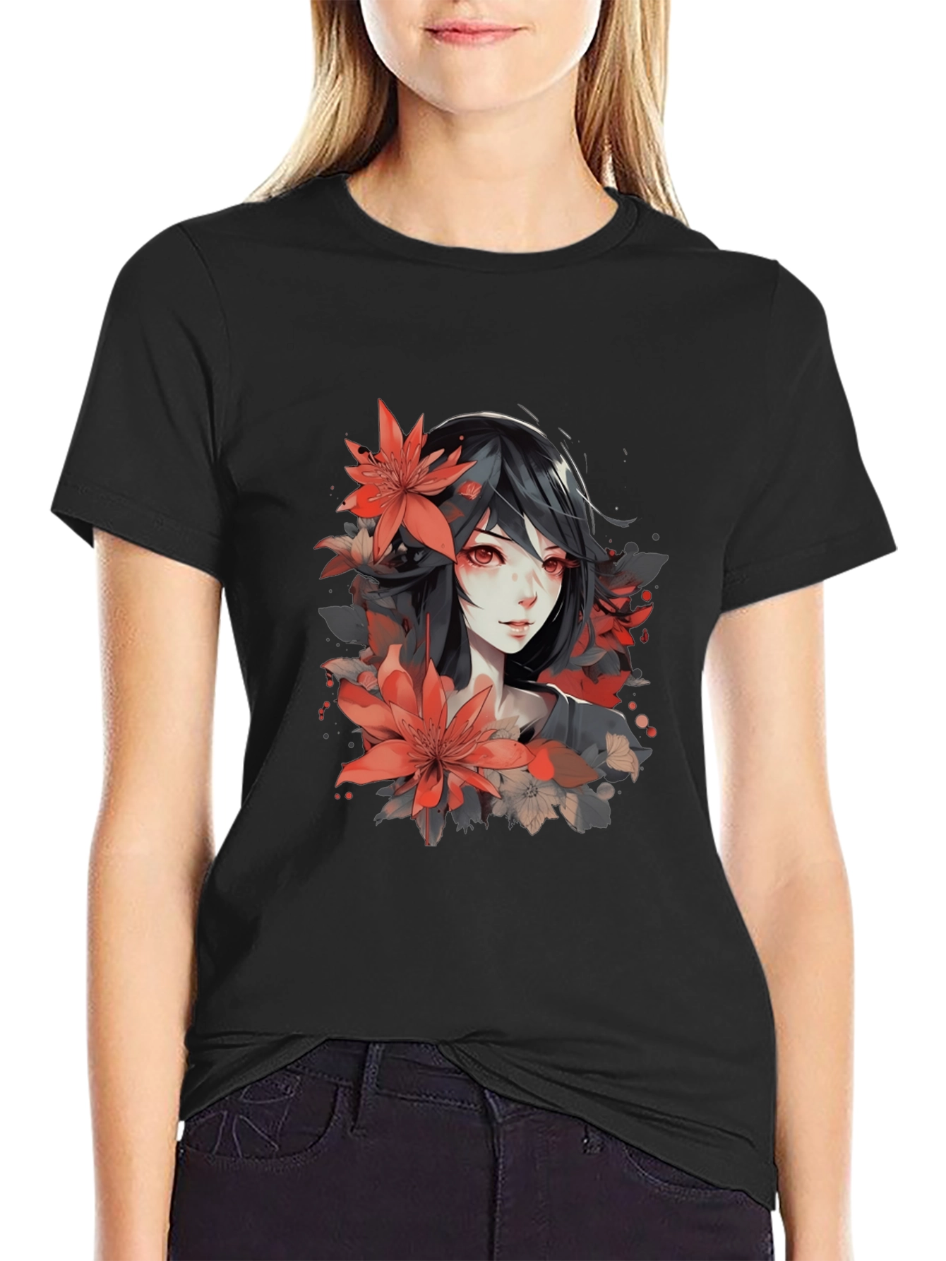 Anime Girl Floral T-Shirt - Stylish Graphic Tee